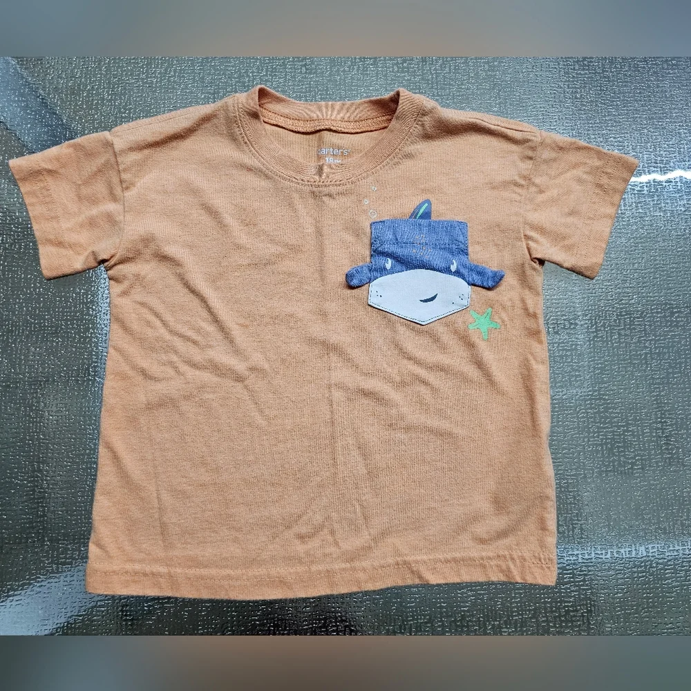 Carter’s Baby Boy Tee Whale Pocket Graphic Brown Tan Shirt 18M Cute Summer